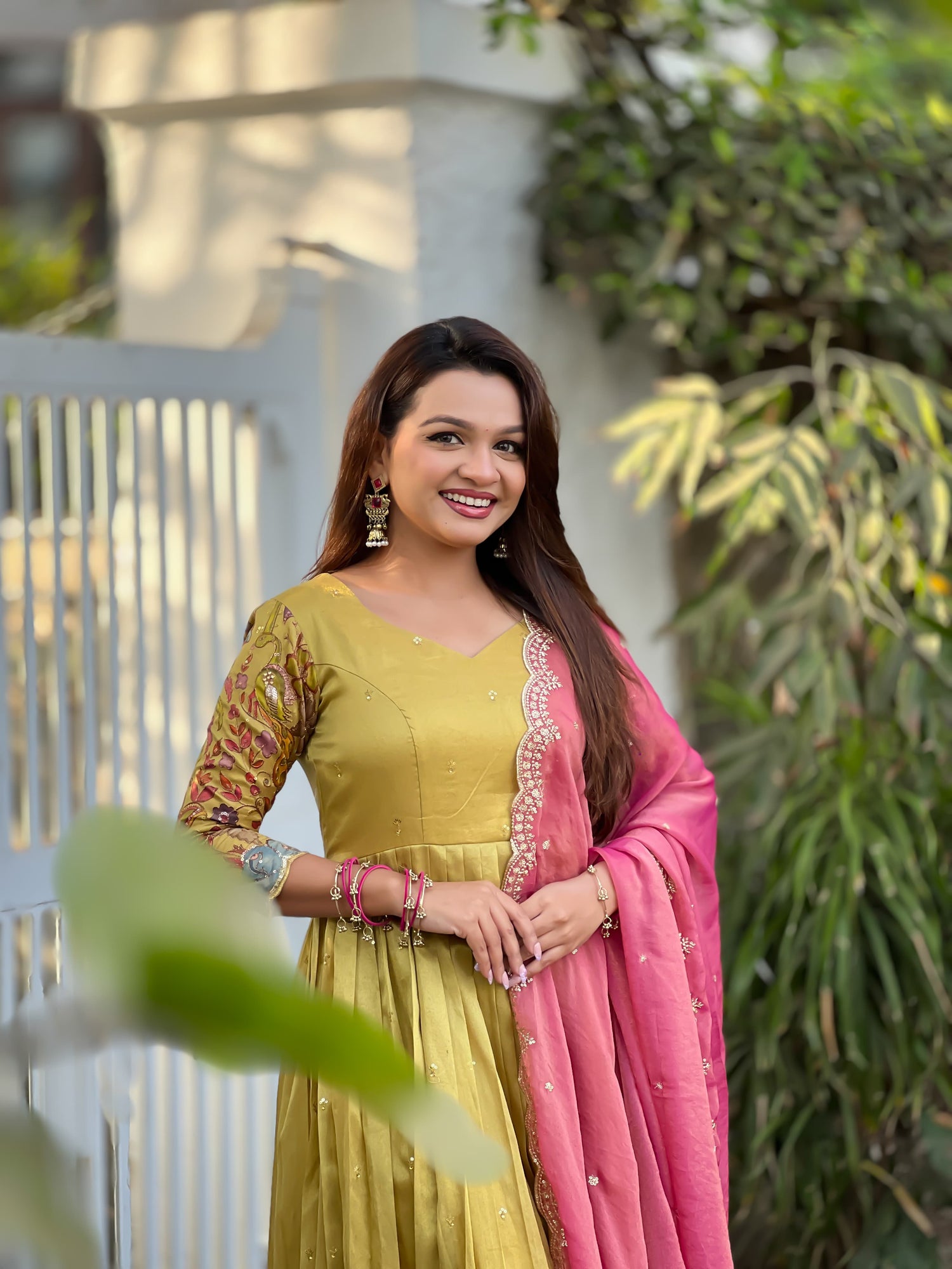 Cream Pure Soft Silk Blend Kalamkari Print Anarkali Gown