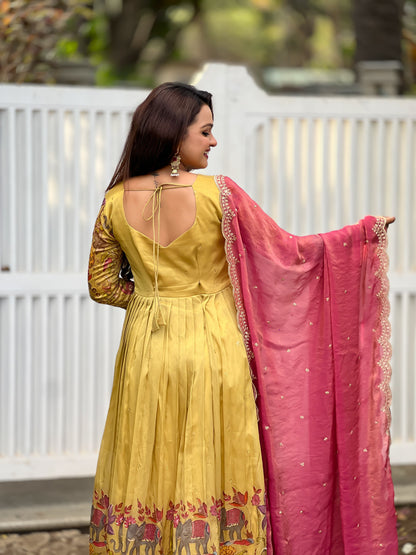 Cream Pure Soft Silk Blend Kalamkari Print Anarkali Gown