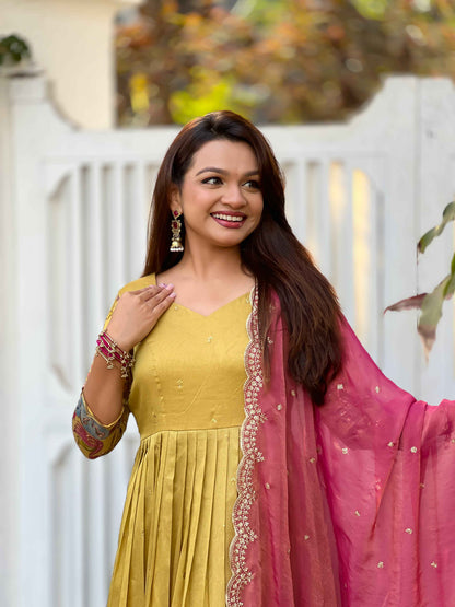 Cream Pure Soft Silk Blend Kalamkari Print Anarkali Gown