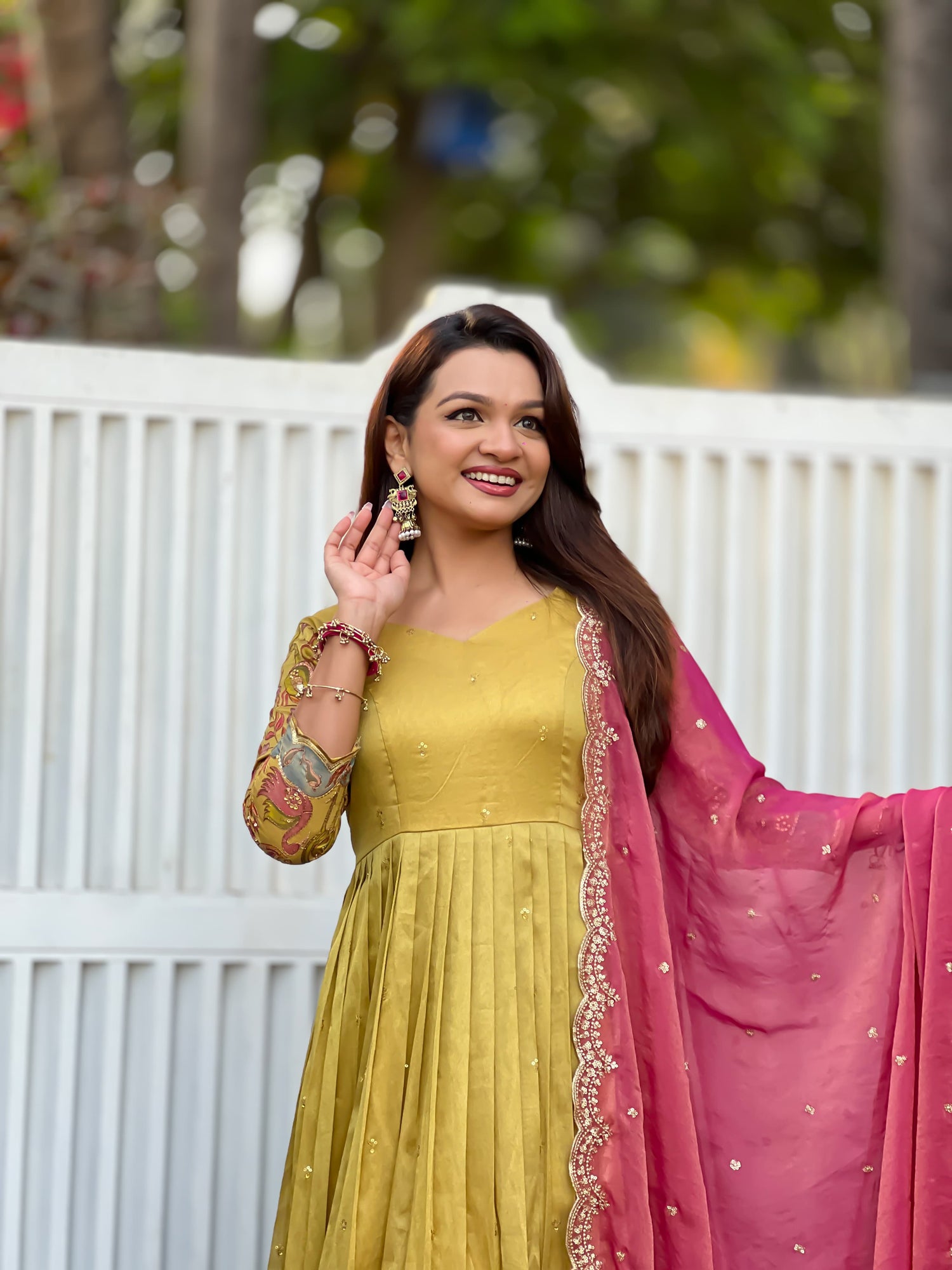 Cream Pure Soft Silk Blend Kalamkari Print Anarkali Gown