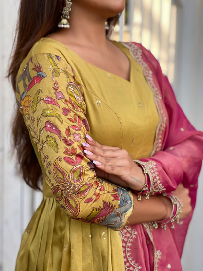 Cream Pure Soft Silk Blend Kalamkari Print Anarkali Gown