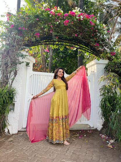 Cream Pure Soft Silk Blend Kalamkari Print Anarkali Gown