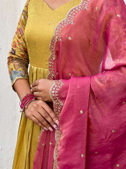 Cream Pure Soft Silk Blend Kalamkari Print Anarkali Gown