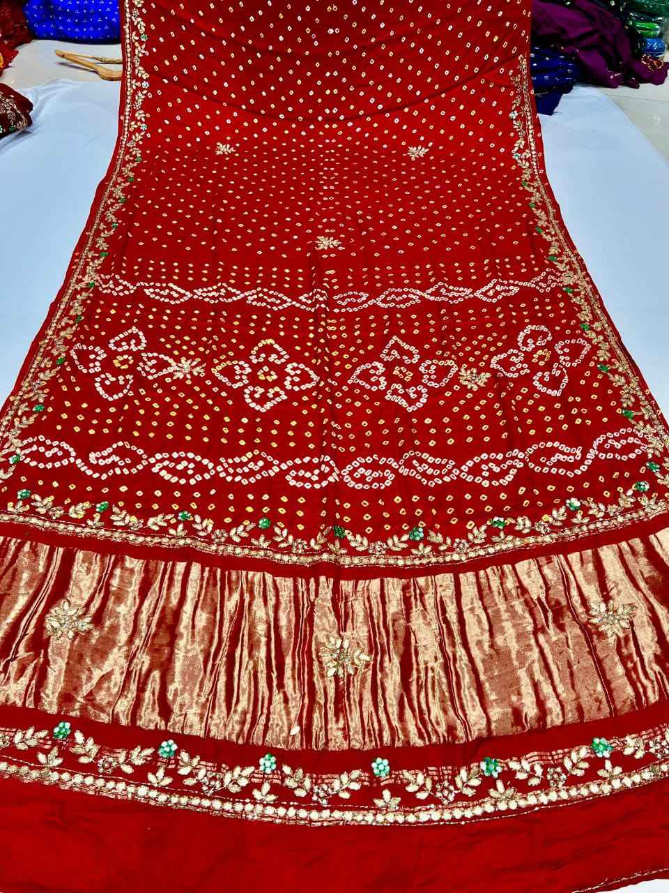Red Pure Gaji Silk Original Bandhani With Gota Pati Hand Work Gajji Silk Saree