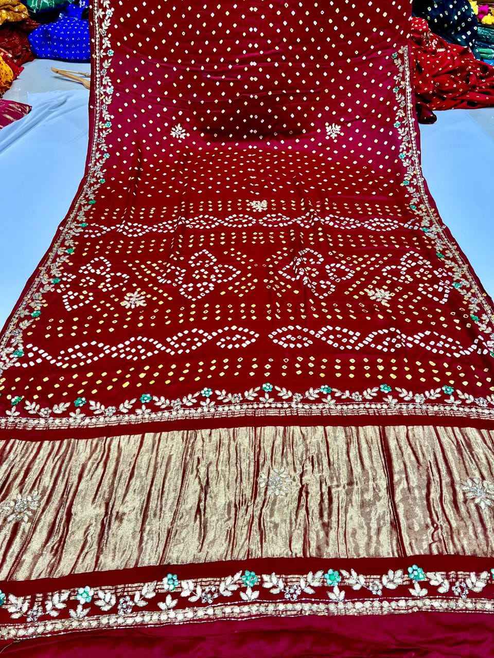 Maroon Pure Gaji Silk Original Bandhani With Gota Pati Hand Work Gajji Silk Saree