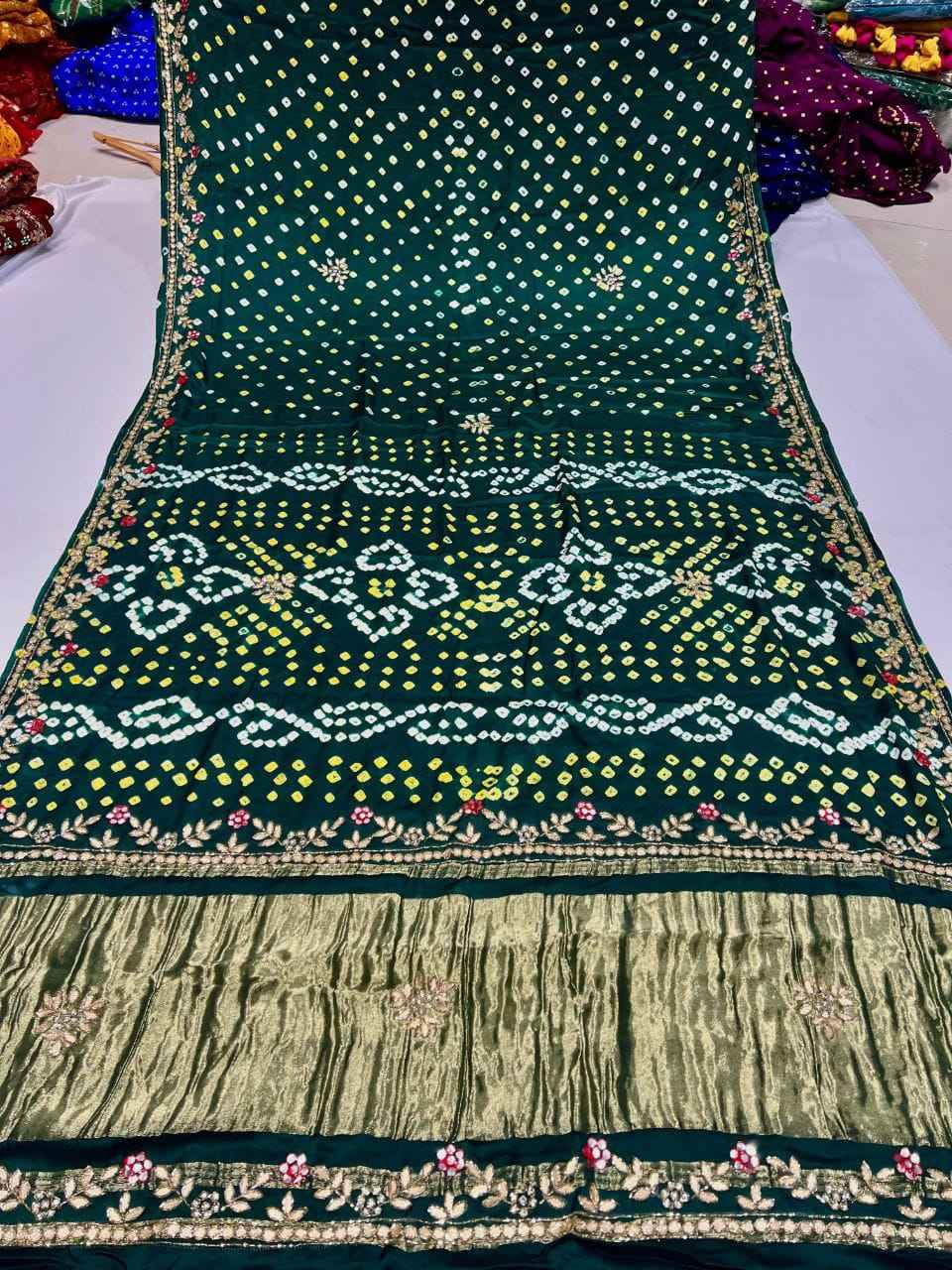 Green Pure Gaji Silk Original Bandhani With Gota Pati Hand Work Gajji Silk Saree