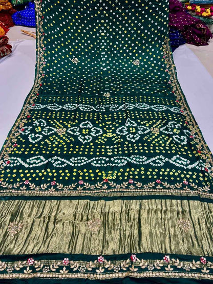 Green Pure Gaji Silk Original Bandhani With Gota Pati Hand Work Gajji Silk Saree
