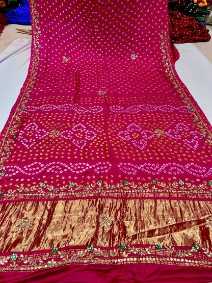 Rani Pure Gaji Silk Original Bandhani With Gota Pati Hand Work Gajji Silk Saree