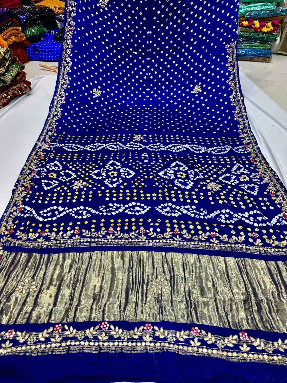 Blue Pure Gaji Silk Original Bandhani With Gota Pati Hand Work Gajji Silk Saree