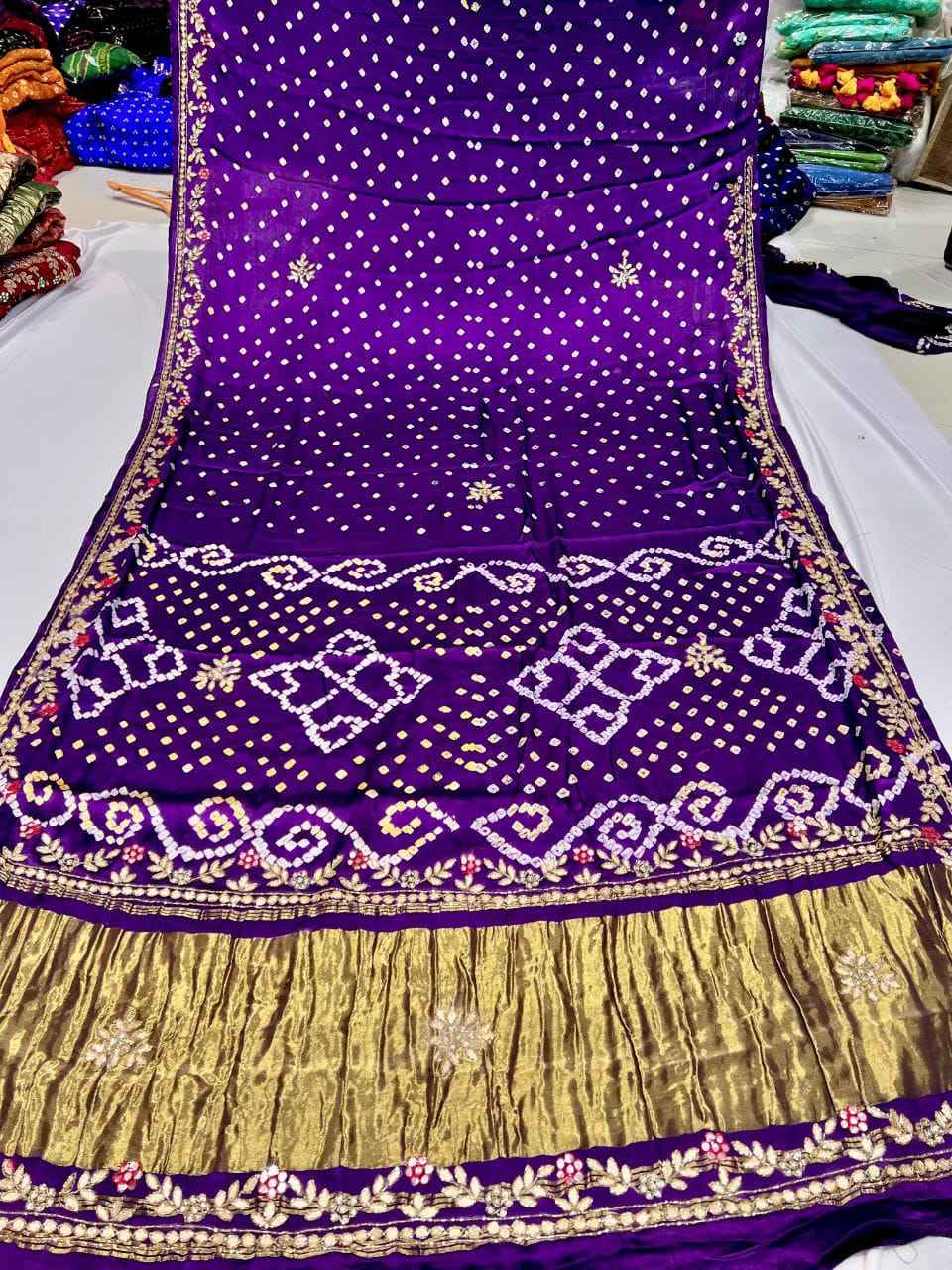 Purple Pure Gaji Silk Original Bandhani With Gota Pati Hand Work Gajji Silk Saree