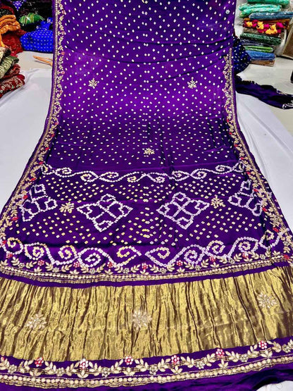 Purple Pure Gaji Silk Original Bandhani With Gota Pati Hand Work Gajji Silk Saree