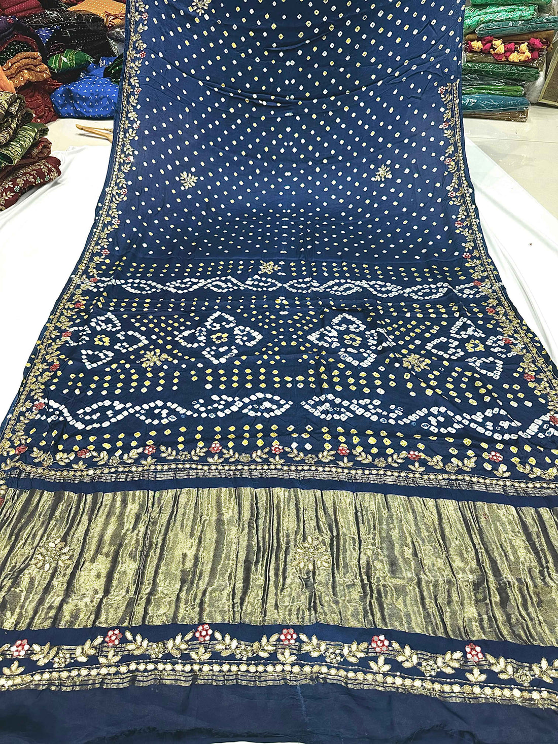 Navy Blue Pure Gaji Silk Original Bandhani With Gota Pati Hand Work Gajji Silk Saree