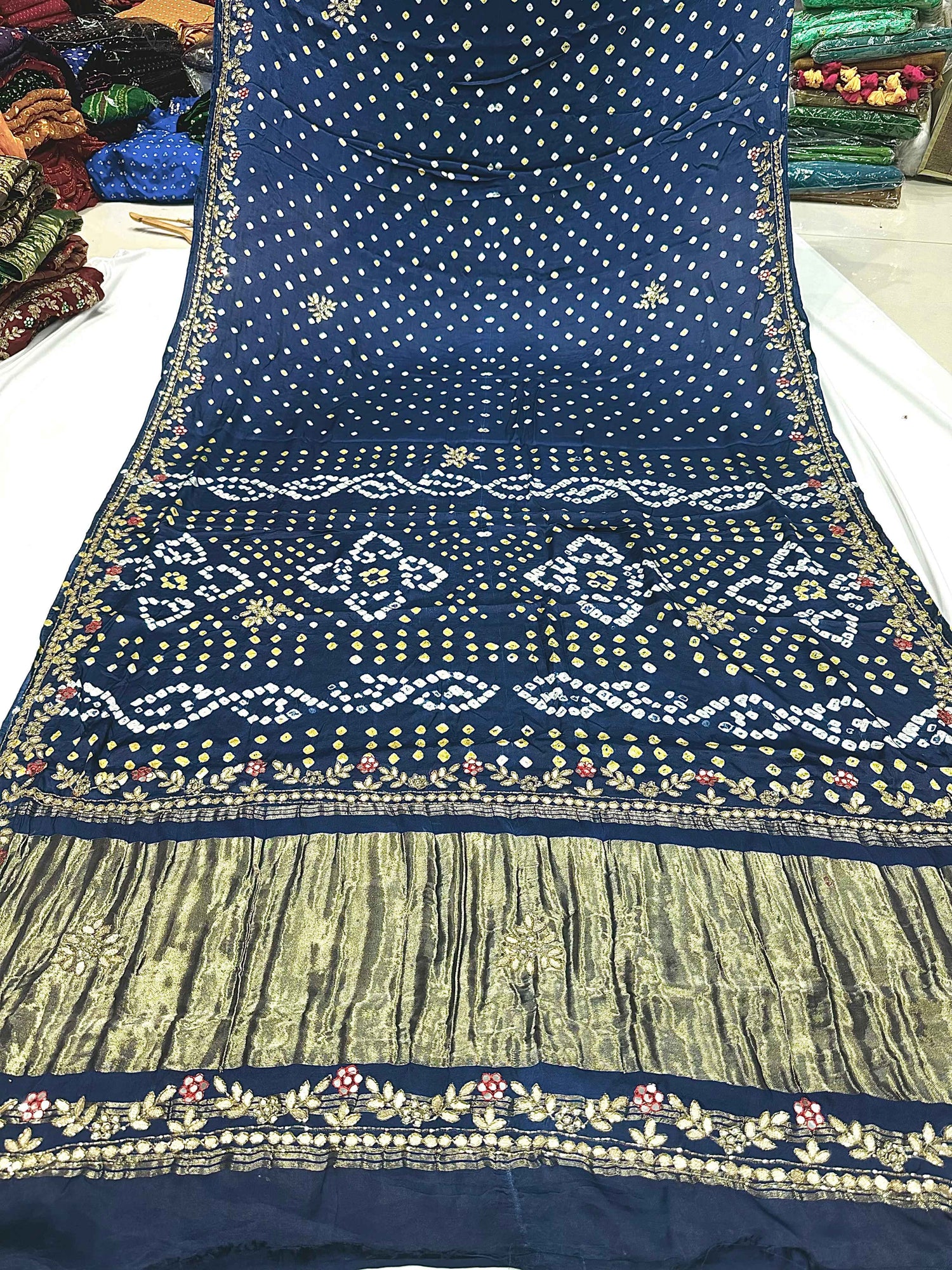 Navy Blue Pure Gaji Silk Original Bandhani With Gota Pati Hand Work Gajji Silk Saree