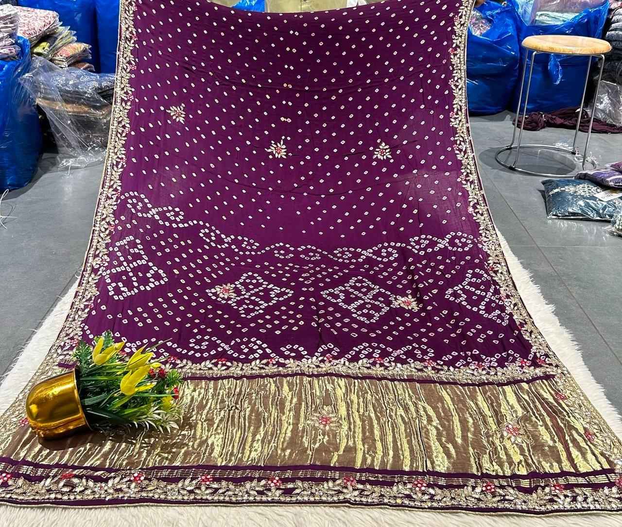 Purple Pure Gaji Silk Original Bandhani With Gota Pati Hand Work Gajji Silk Saree