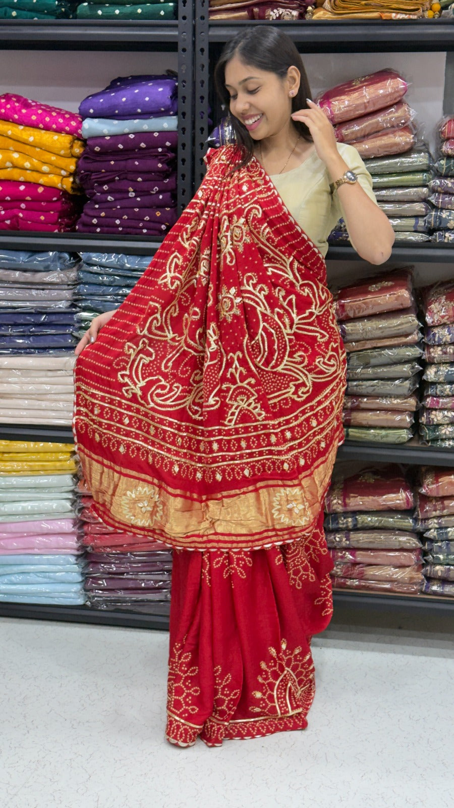 Red Pure Gaji Silk Bandhej With Gota Pati Work Gajji Silk Saree