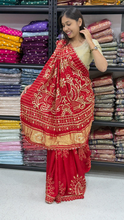 Red Pure Gaji Silk Bandhej With Gota Pati Work Gajji Silk Saree