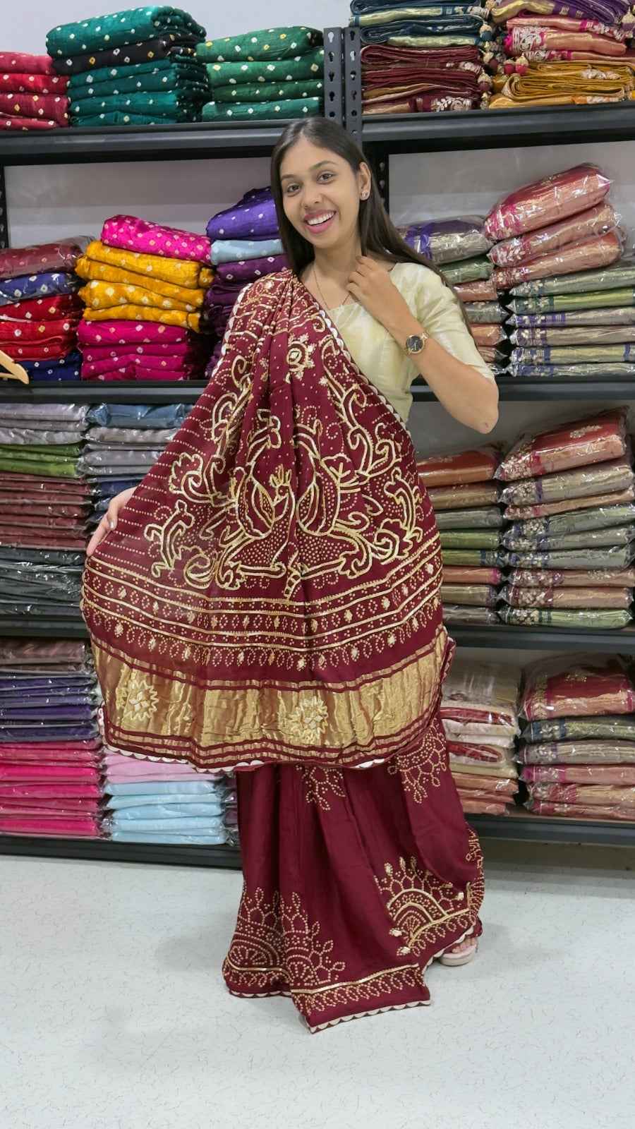 Maroon Pure Gaji Silk Bandhej With Gota Pati Work Gajji Silk Saree