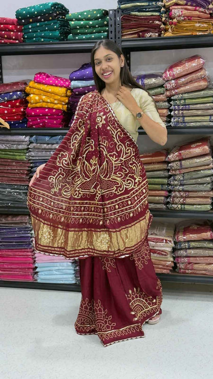 Maroon Pure Gaji Silk Bandhej With Gota Pati Work Gajji Silk Saree
