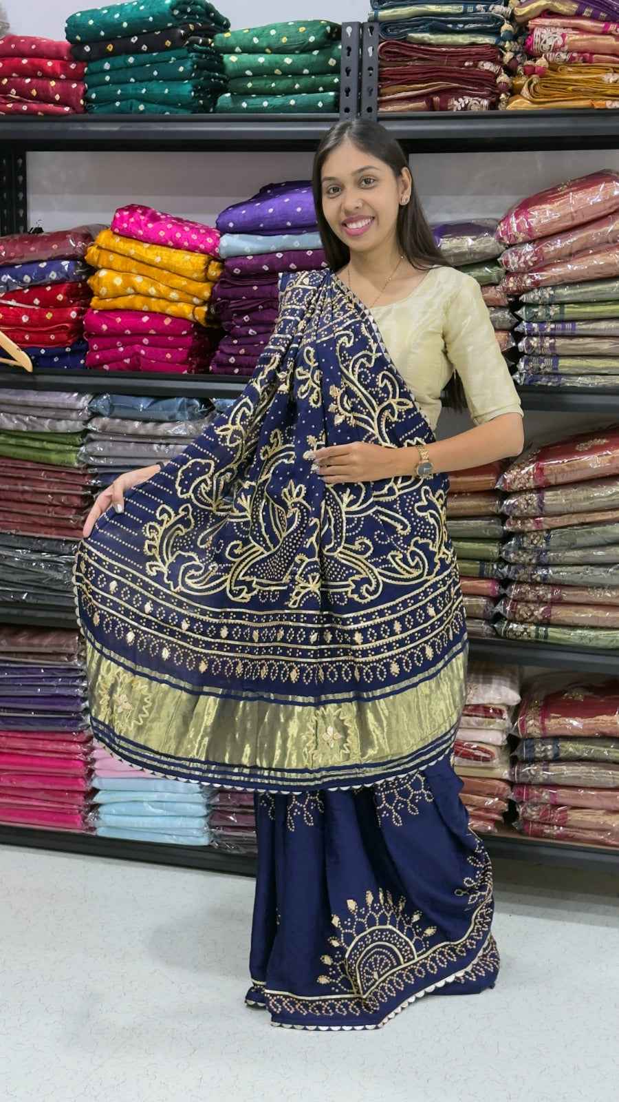 Navy Blue Pure Gaji Silk Bandhej With Gota Pati Work Gajji Silk Saree
