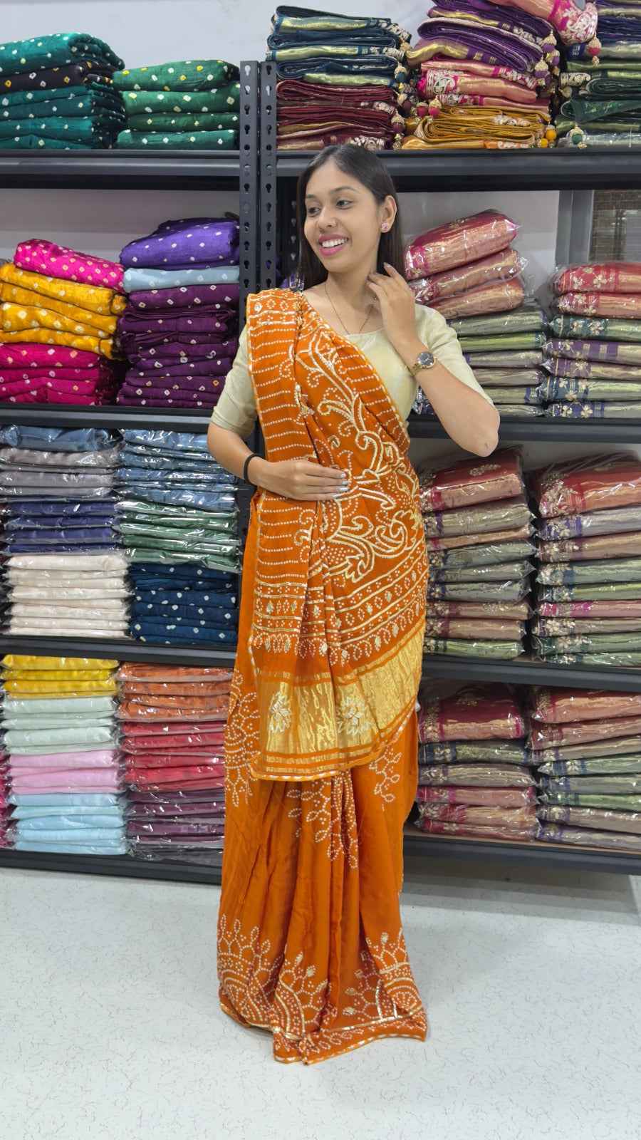 Orange Pure Gaji Silk Bandhej With Gota Pati Work Gajji Silk Saree