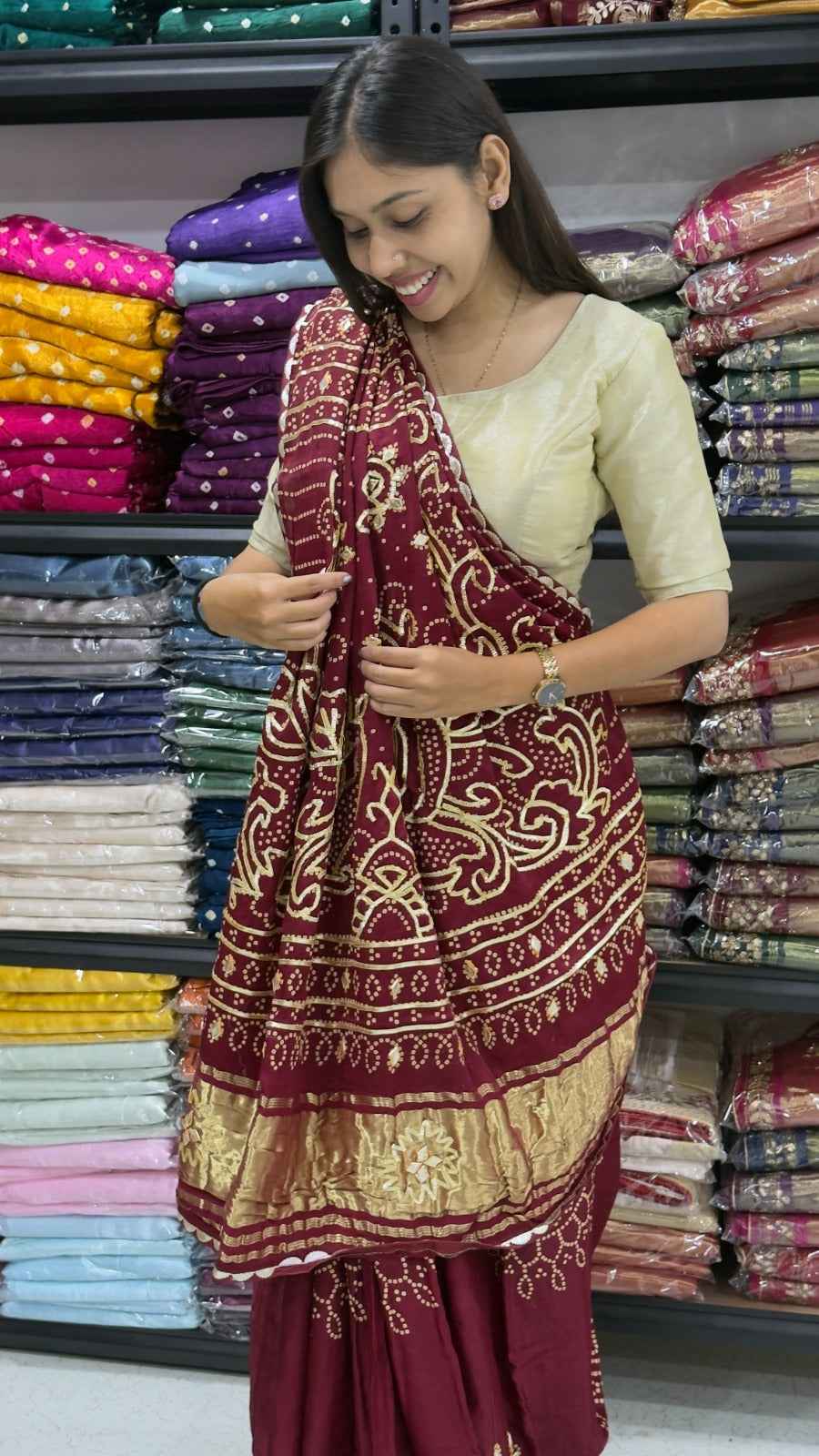 Maroon Pure Gaji Silk Bandhej With Gota Pati Work Gajji Silk Saree