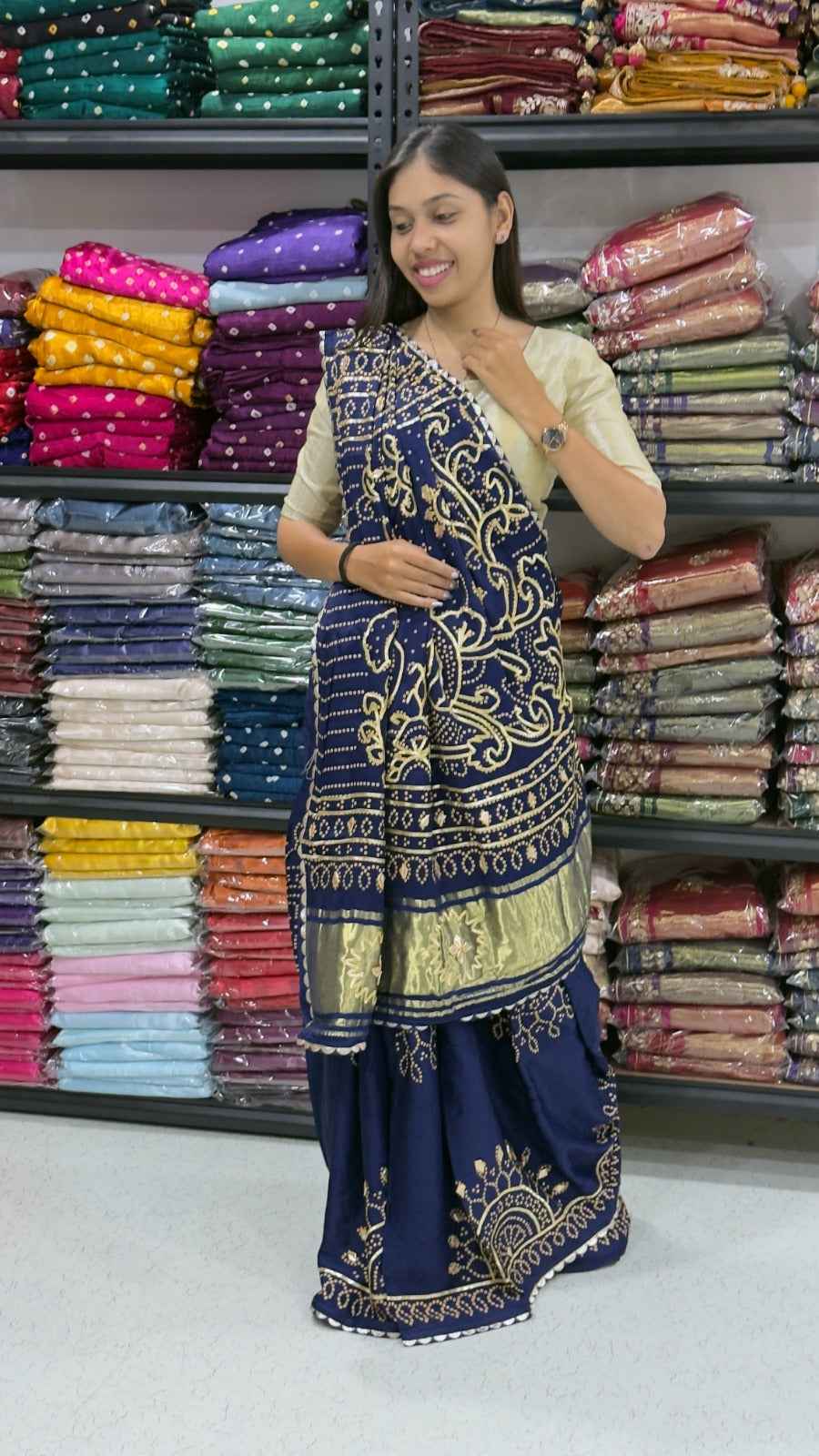 Navy Blue Pure Gaji Silk Bandhej With Gota Pati Work Gajji Silk Saree
