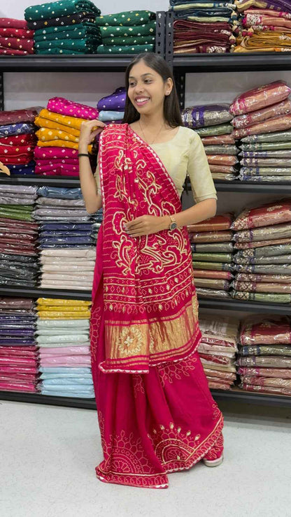 Rani Pure Gaji Silk Bandhej With Gota Pati Work Gajji Silk Saree