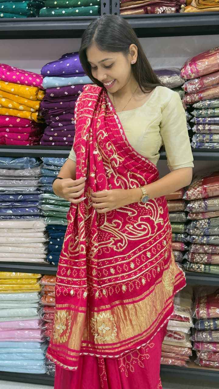 Rani Pure Gaji Silk Bandhej With Gota Pati Work Gajji Silk Saree