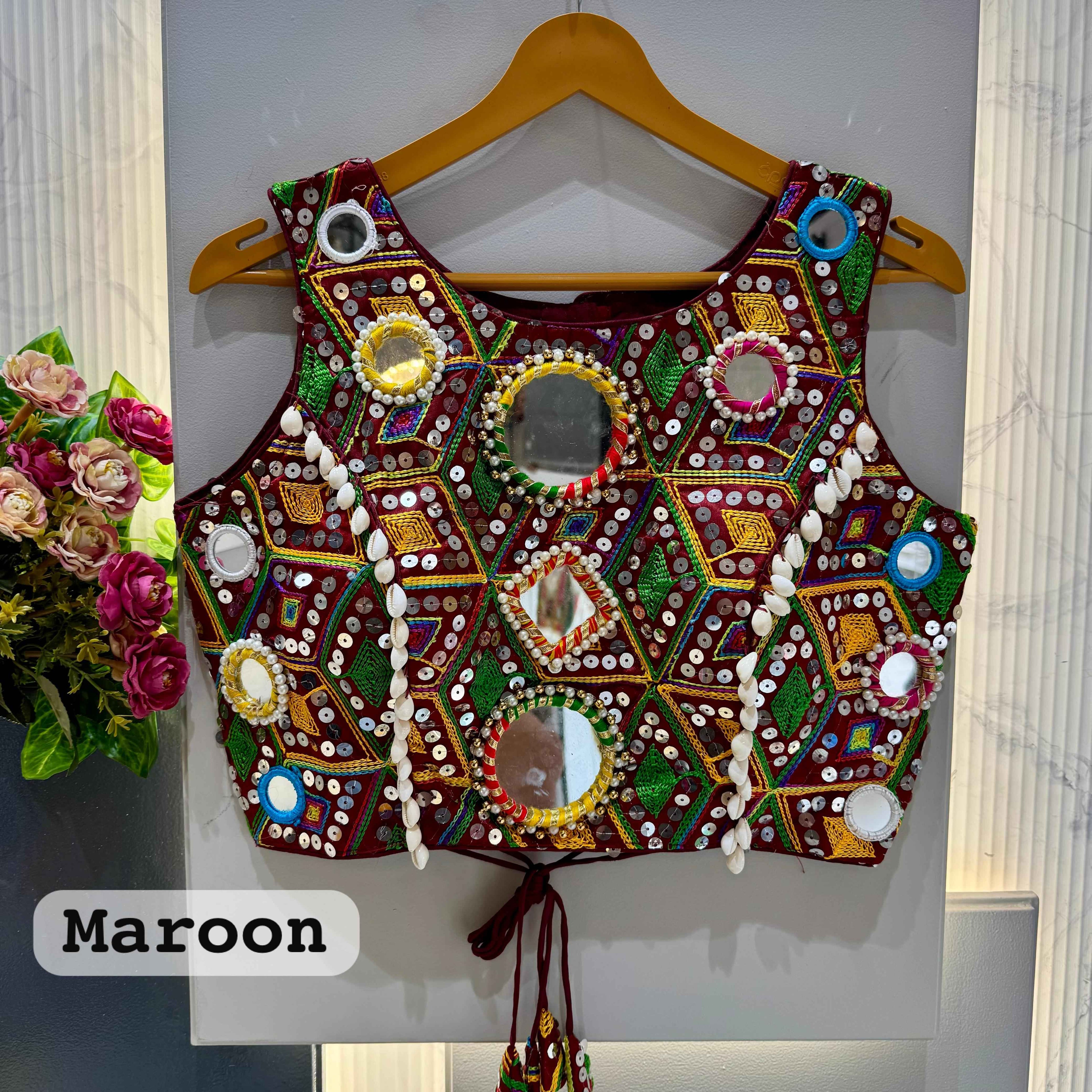 Maroon Pure Soft Heavy Thread Sequin Kaudi &amp; Hand Mirror Work Navratri Blouse