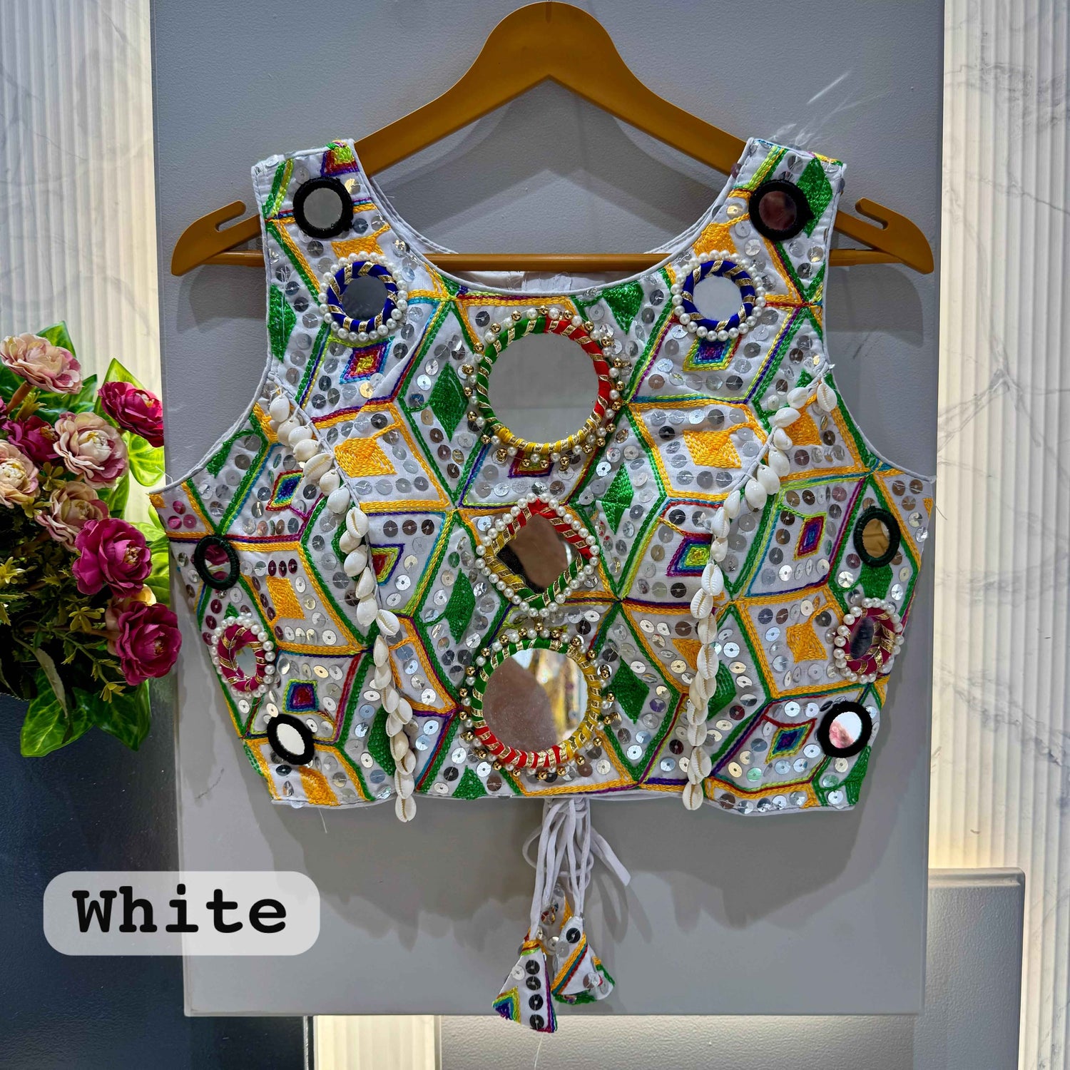 White Pure Soft Heavy Thread Sequin Kaudi &amp; Hand Mirror Work Navratri Blouse
