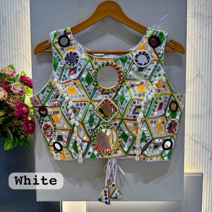 White Pure Soft Heavy Thread Sequin Kaudi &amp; Hand Mirror Work Navratri Blouse