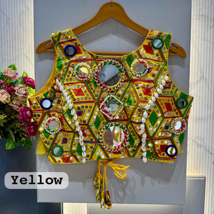 Yellow Pure Soft Heavy Thread Sequin Kaudi &amp; Hand Mirror Work Navratri Blouse