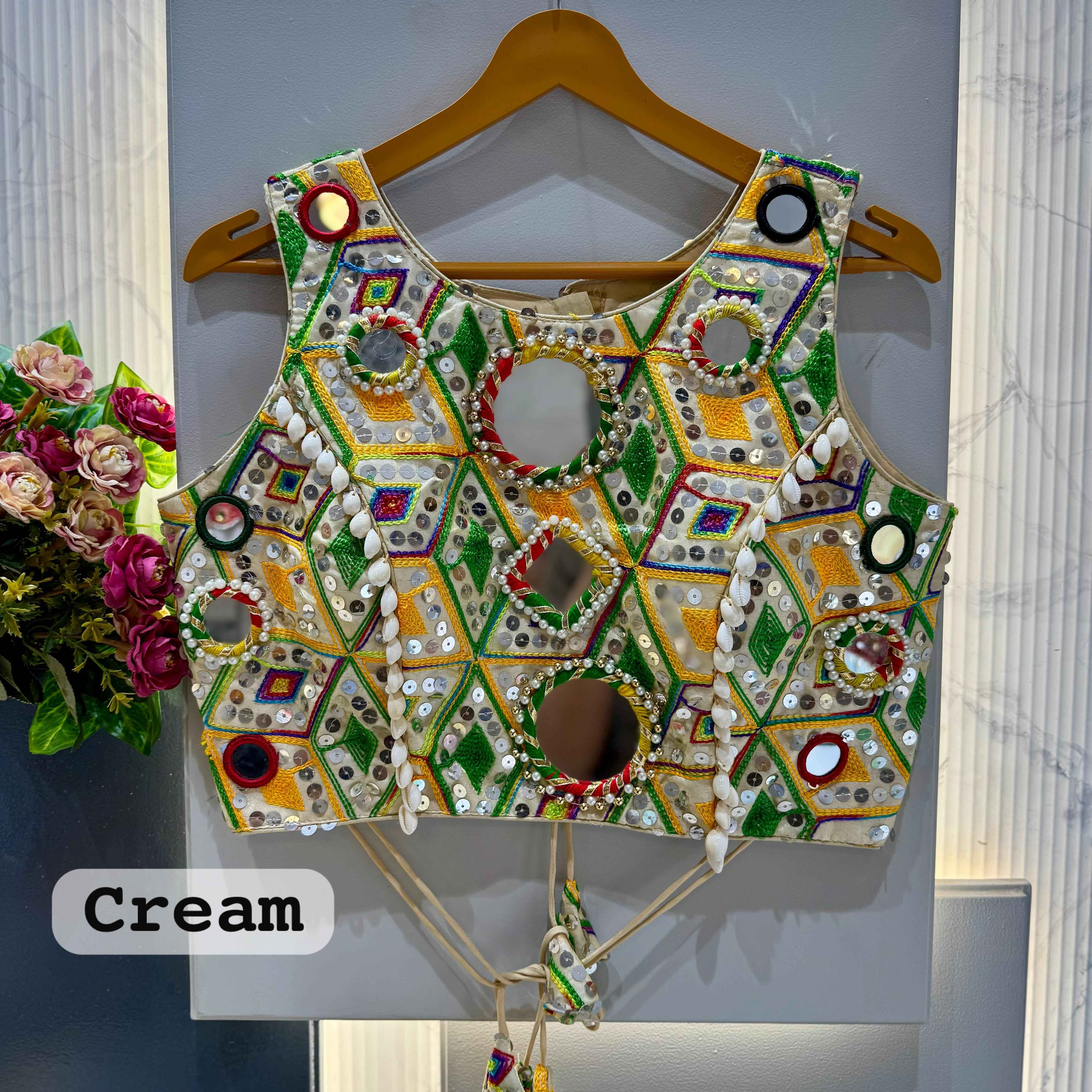 Cream Pure Soft Heavy Thread Sequin Kaudi &amp; Hand Mirror Work Navratri Blouse