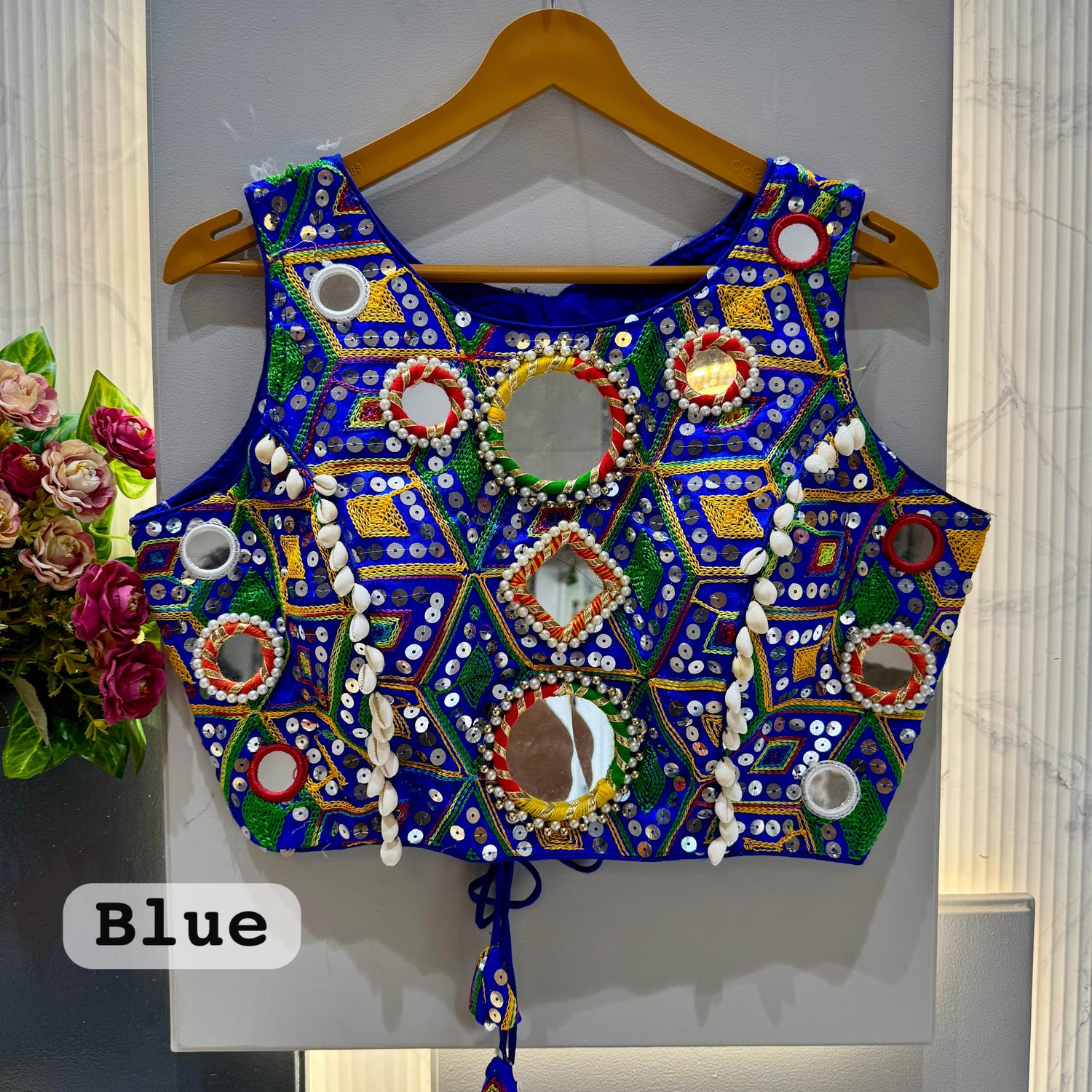 Black Pure Soft Heavy Thread Sequin Kaudi &amp; Hand Mirror Work Navratri Blouse