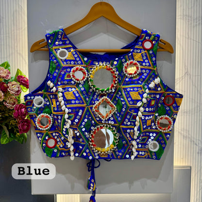 Black Pure Soft Heavy Thread Sequin Kaudi &amp; Hand Mirror Work Navratri Blouse