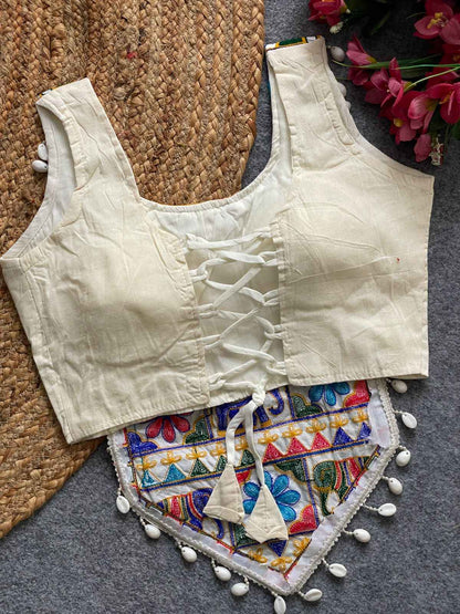 Cream Pure Soft Heavy Codding Embroidery With traditional Kaudi Navratri Blouse
