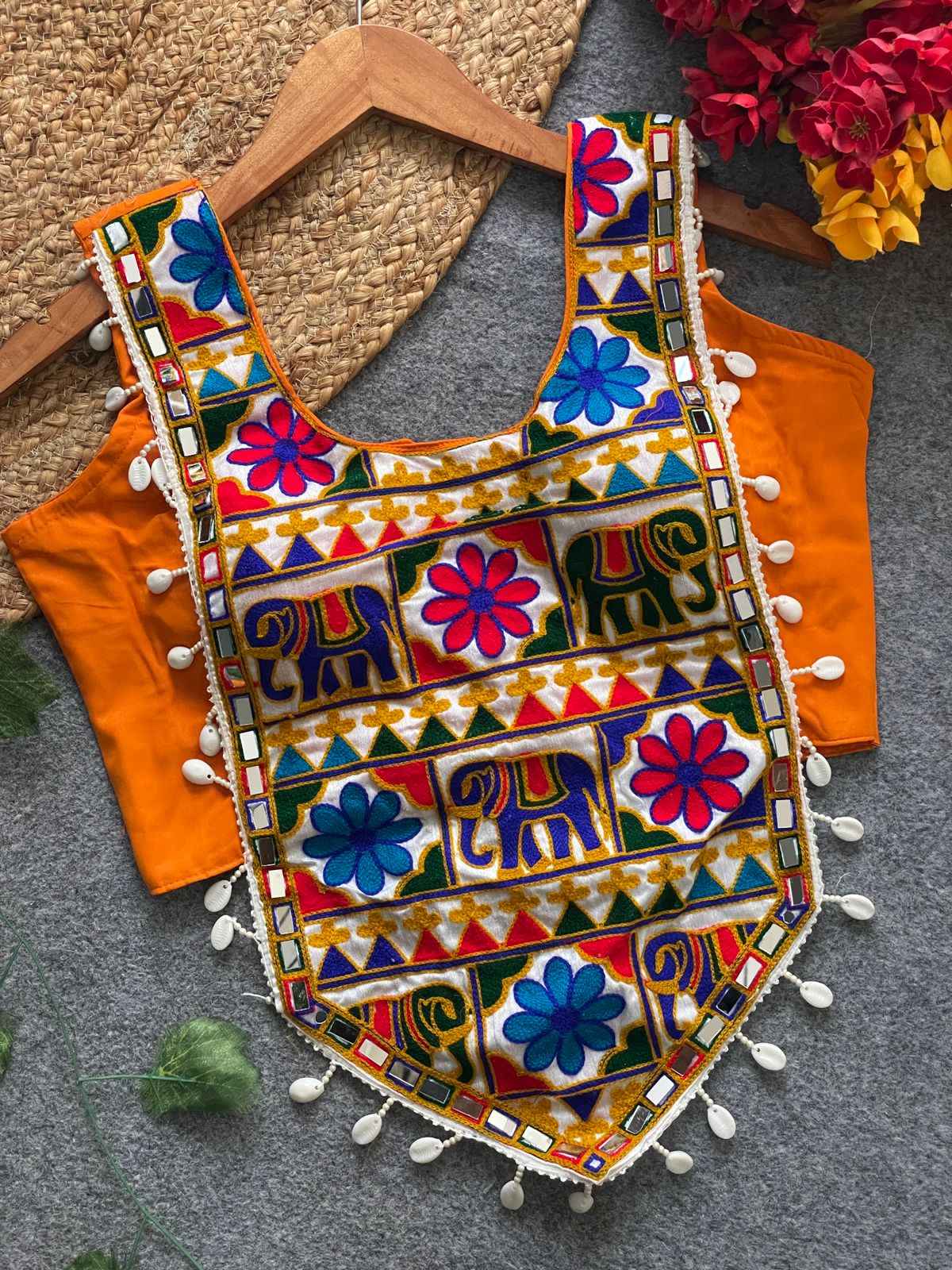 Orange Pure Soft Heavy Codding Embroidery With traditional Kaudi Navratri Blouse