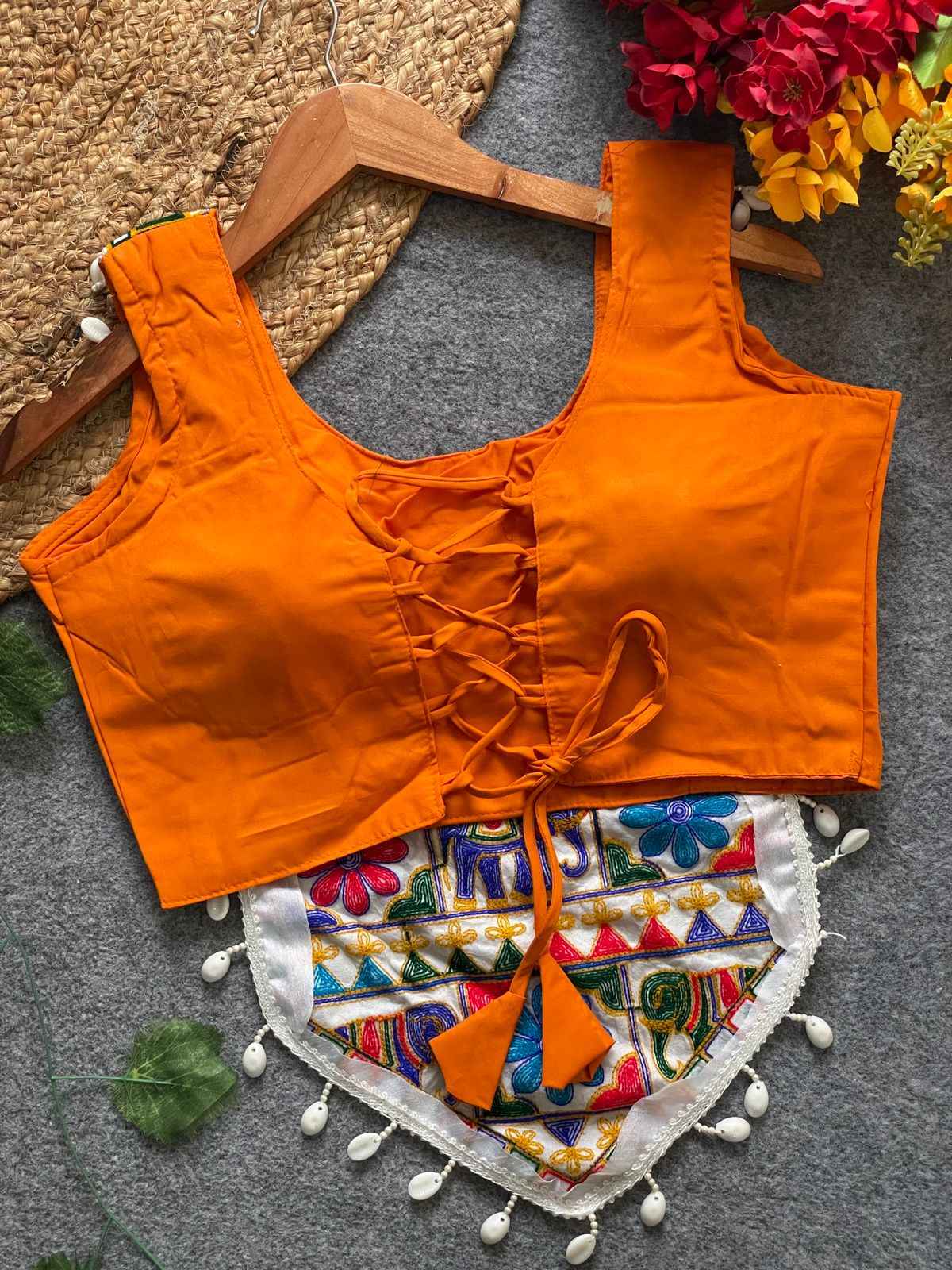Orange Pure Soft Heavy Codding Embroidery With traditional Kaudi Navratri Blouse