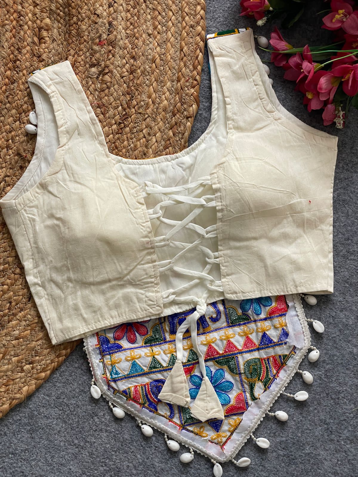 Cream Pure Soft Heavy Codding Embroidery With traditional Kaudi Navratri Blouse