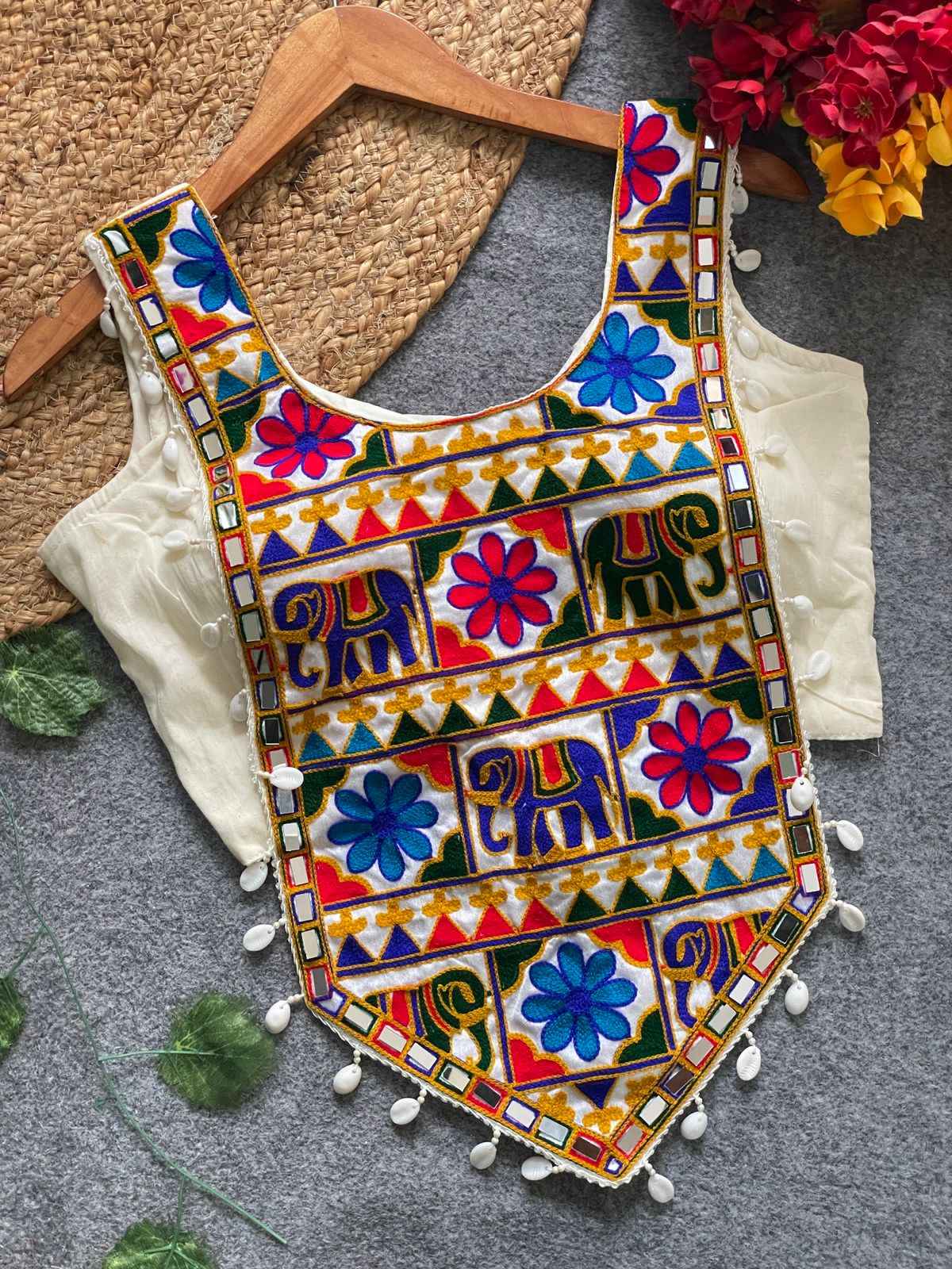 Cream Pure Soft Heavy Codding Embroidery With traditional Kaudi Navratri Blouse