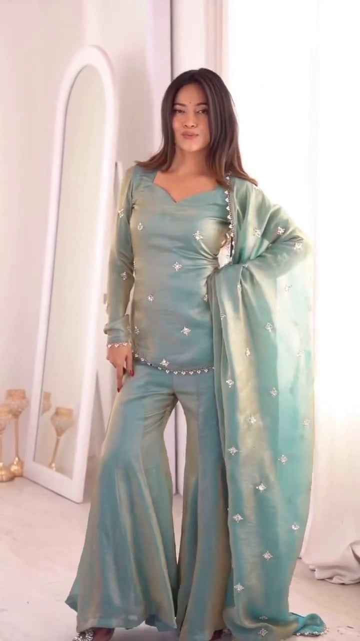 Sea Green Pure Soft Roman Silk Kurti Pent With Dupatta Set