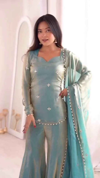 Sea Green Pure Soft Roman Silk Kurti Pent With Dupatta Set