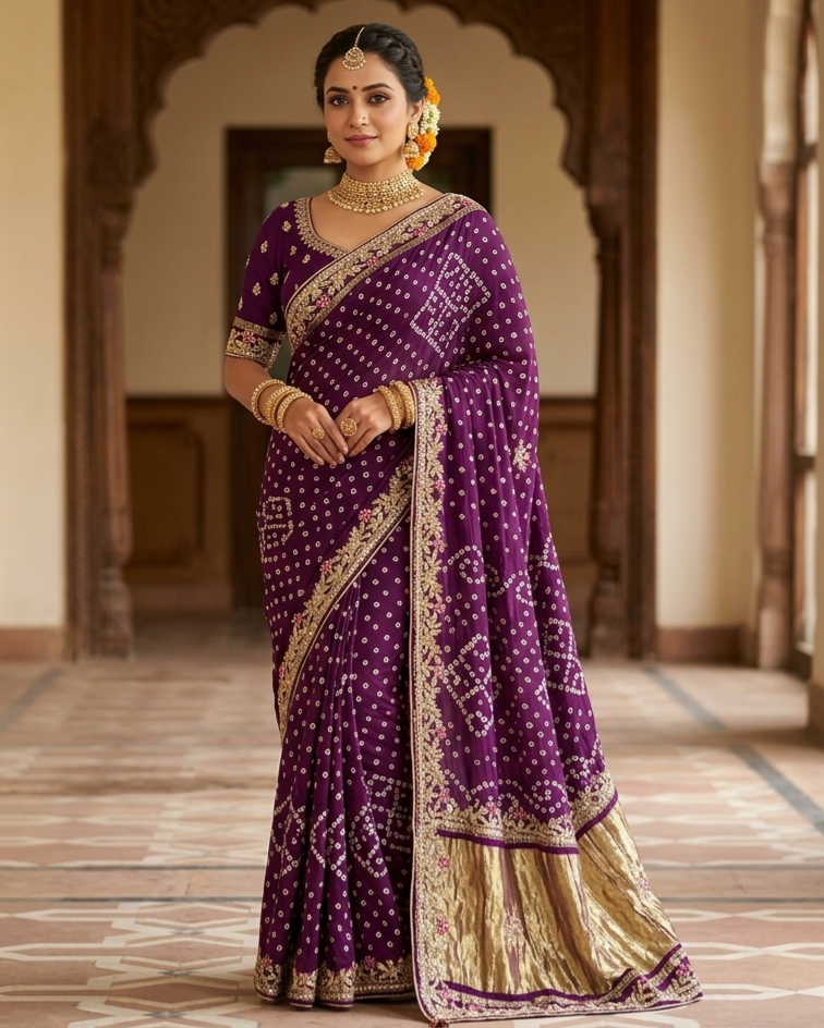 Purple Pure Gaji Silk Original Bandhani With Gota Pati Hand Work Gajji Silk Saree