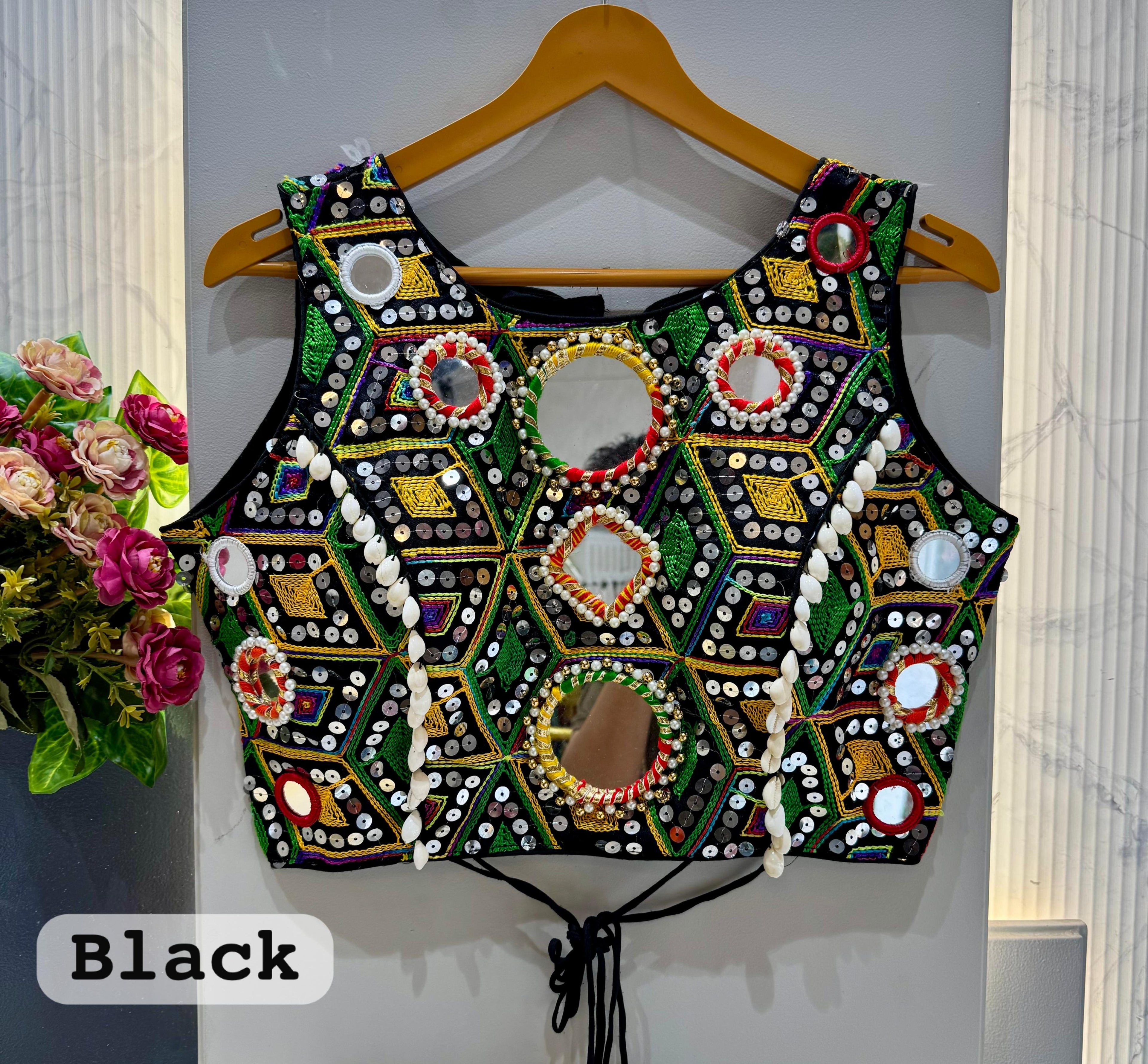 Black Pure Soft Heavy Thread Sequin Kaudi &amp; Hand Mirror Work Navratri Blouse