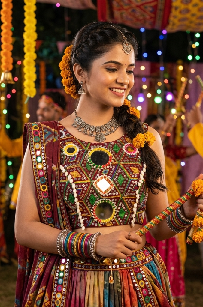 Maroon Pure Soft Heavy Thread Sequin Kaudi &amp; Hand Mirror Work Navratri Blouse