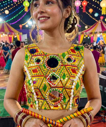 Yellow Pure Soft Heavy Thread Sequin Kaudi &amp; Hand Mirror Work Navratri Blouse