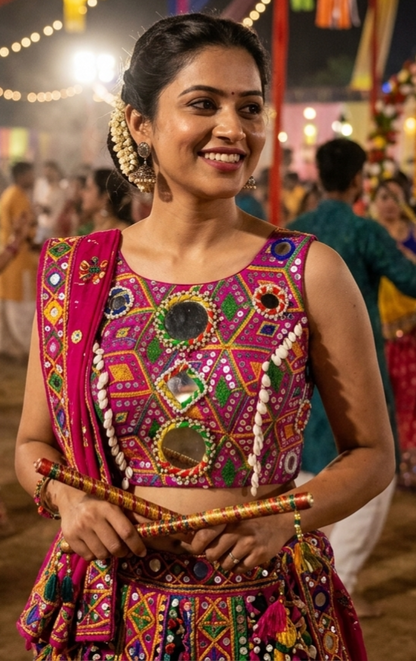 Rani Pure Soft Heavy Thread Sequin Kaudi &amp; Hand Mirror Work Navratri Blouse