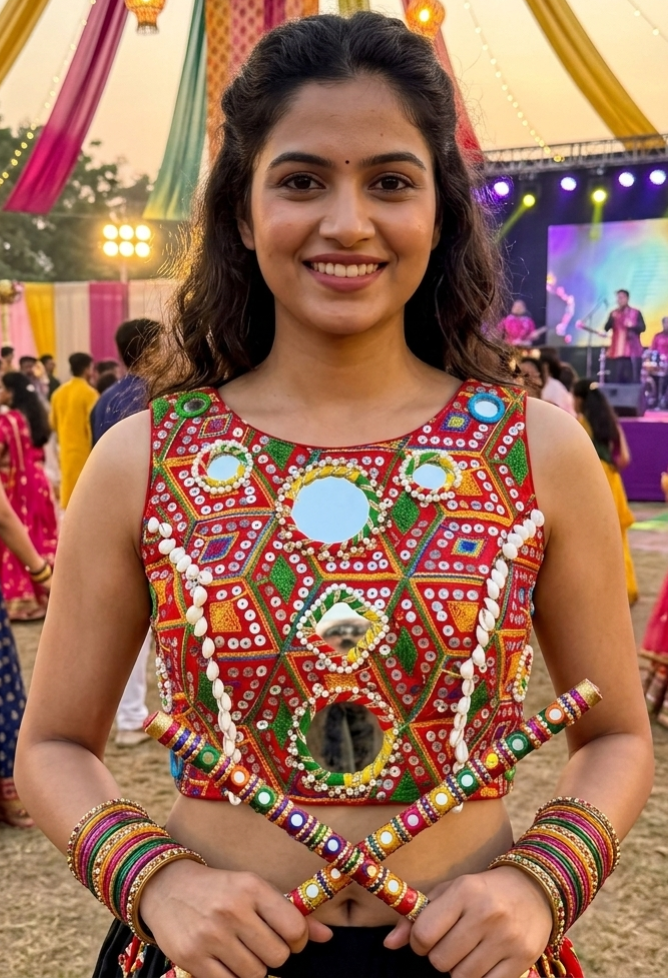 Red Pure Soft Heavy Thread Sequin Kaudi &amp; Hand Mirror Work Navratri Blouse