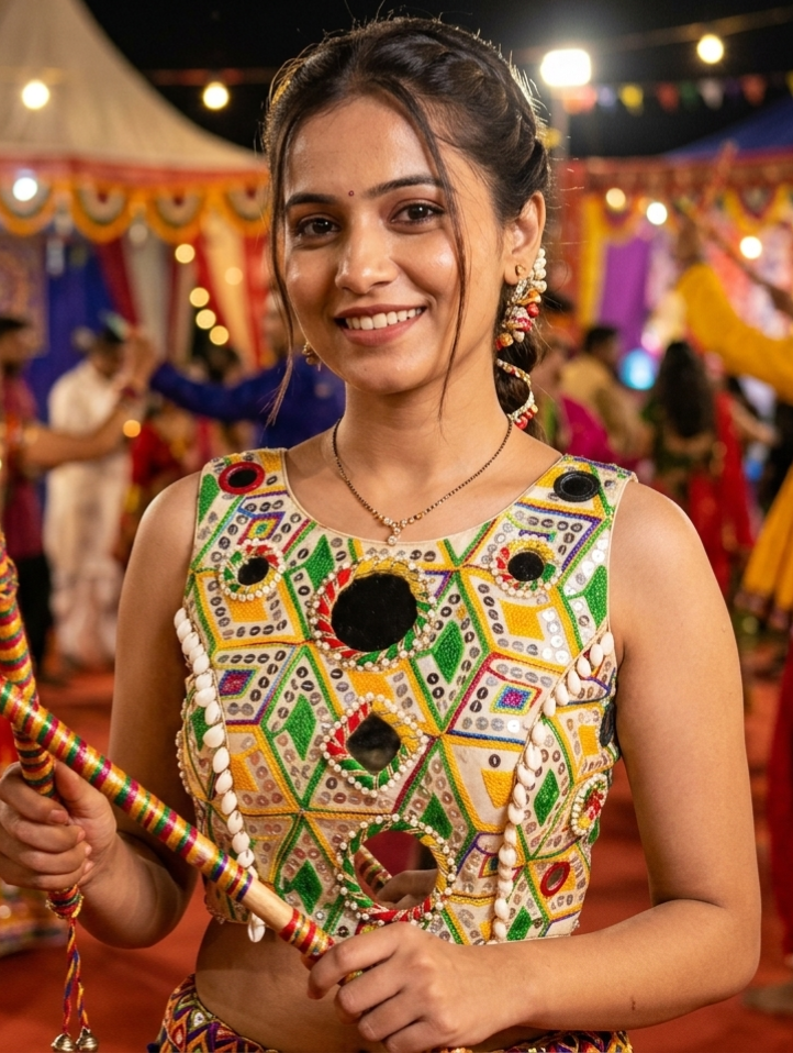 Cream Pure Soft Heavy Thread Sequin Kaudi &amp; Hand Mirror Work Navratri Blouse