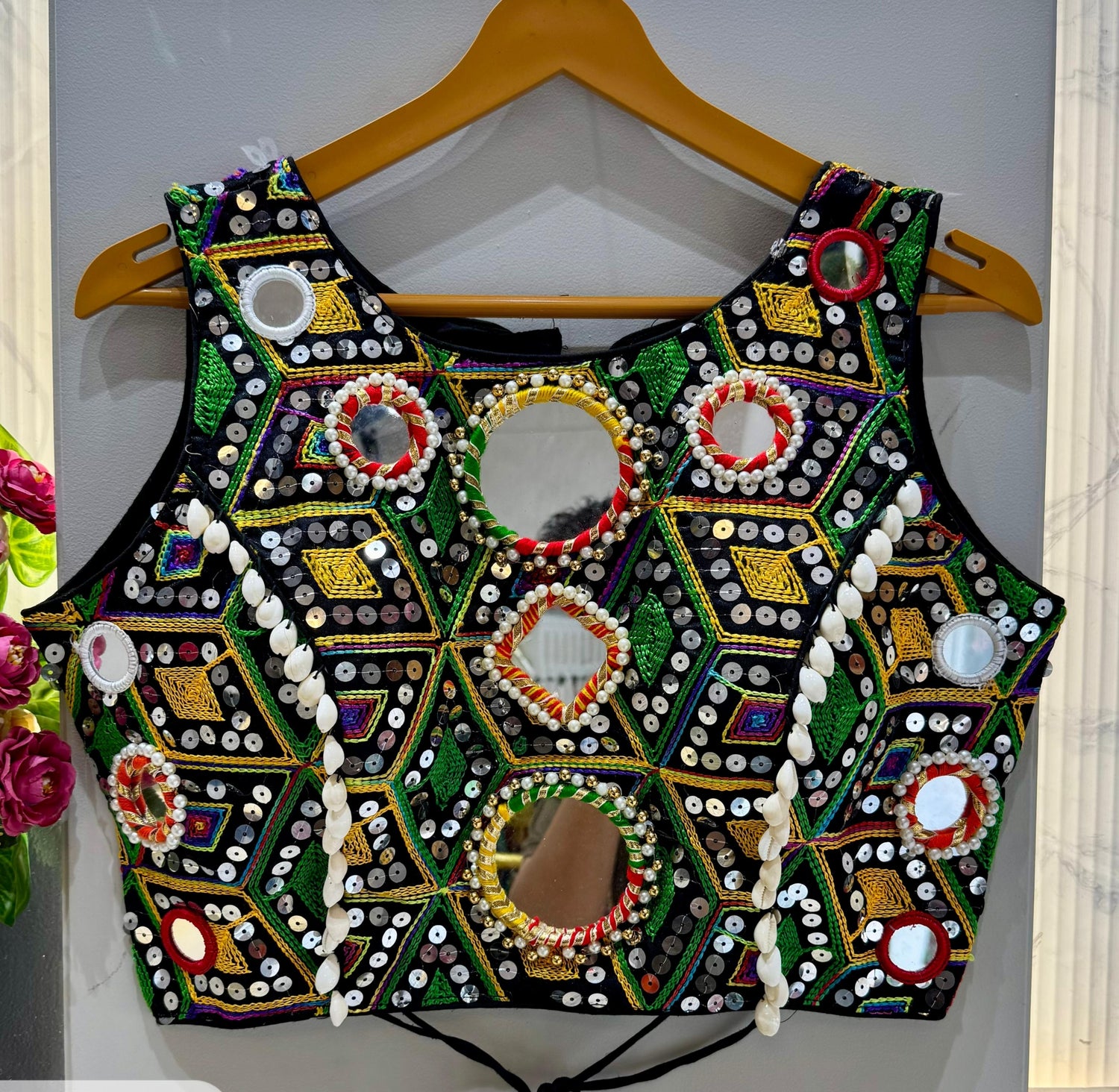 Black Pure Soft Heavy Thread Sequin Kaudi &amp; Hand Mirror Work Navratri Blouse